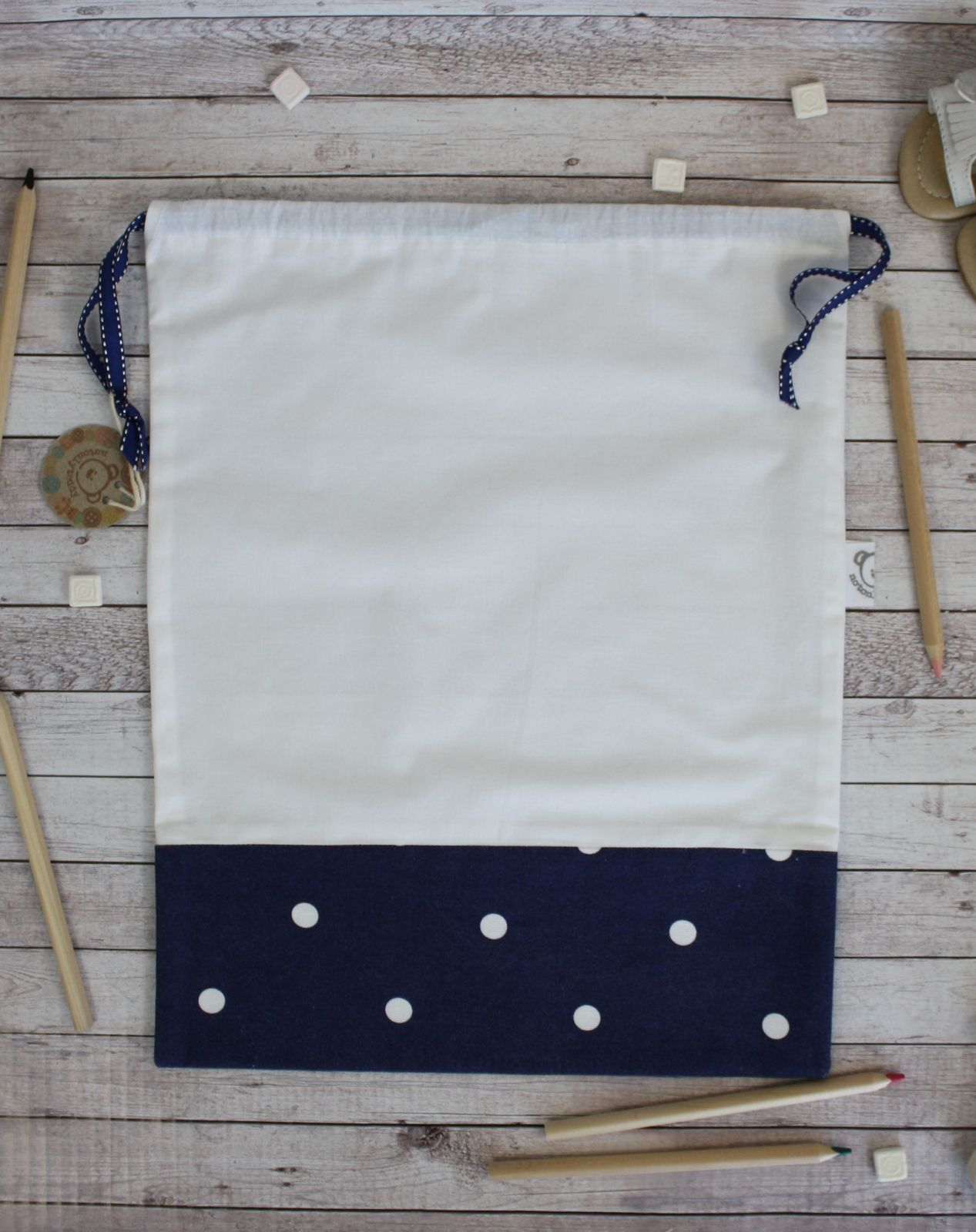 Sacchetto semplice in tela bianca+pois su fondo blu