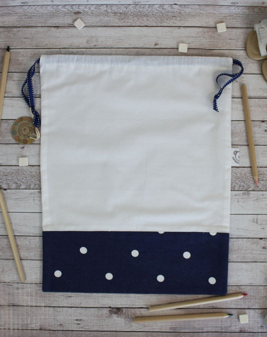 Sacchetto semplice in tela bianca+pois su fondo blu