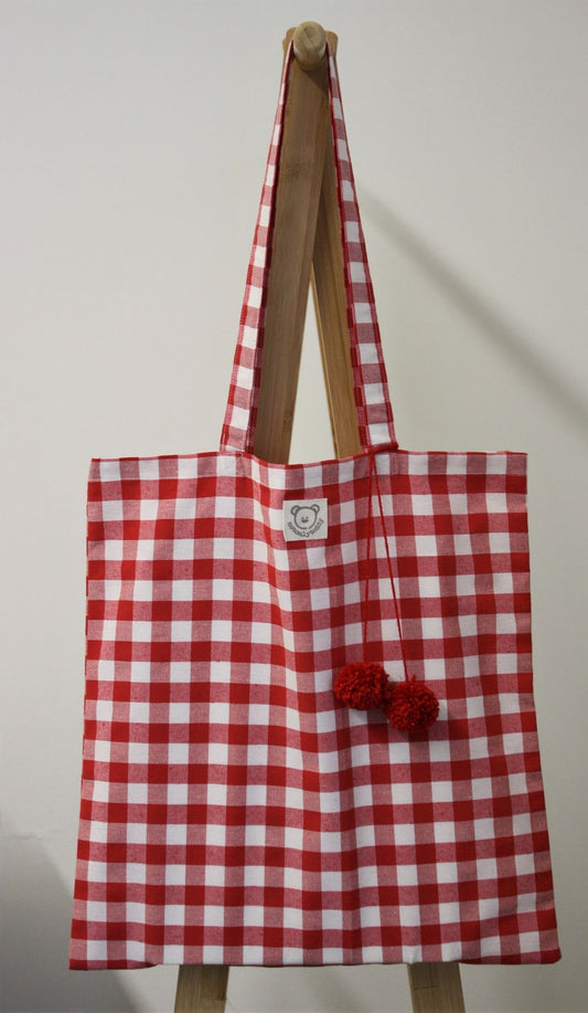 borsa donna shopping tela a quadri rossi con pom pon rossi