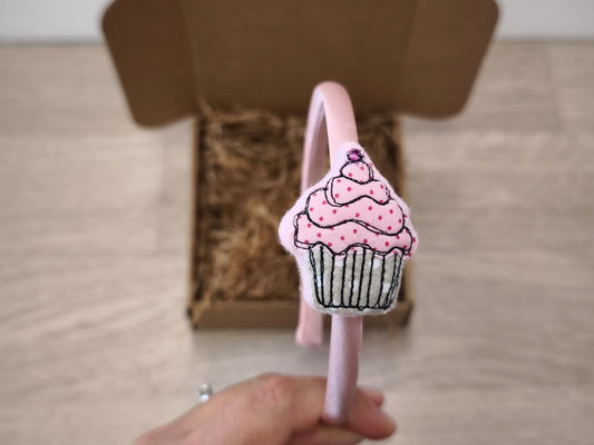 Cerchietto in raso rosa con cupcake