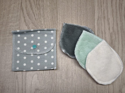 Set: 3 dischetti struccanti lavabili + bustina cerata verde-grigio a pois