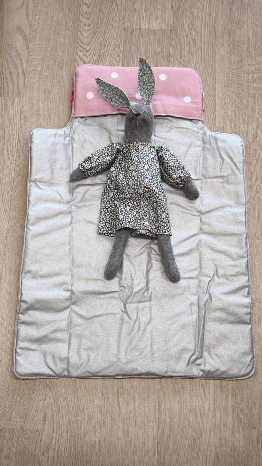 Fasciatoio da viaggio pieghevole con portapannolini – Rosa pois – interno cerato argento - personalizzabile