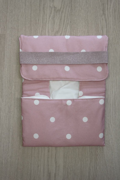 Fasciatoio da viaggio pieghevole con portapannolini – Rosa pois – interno bianco