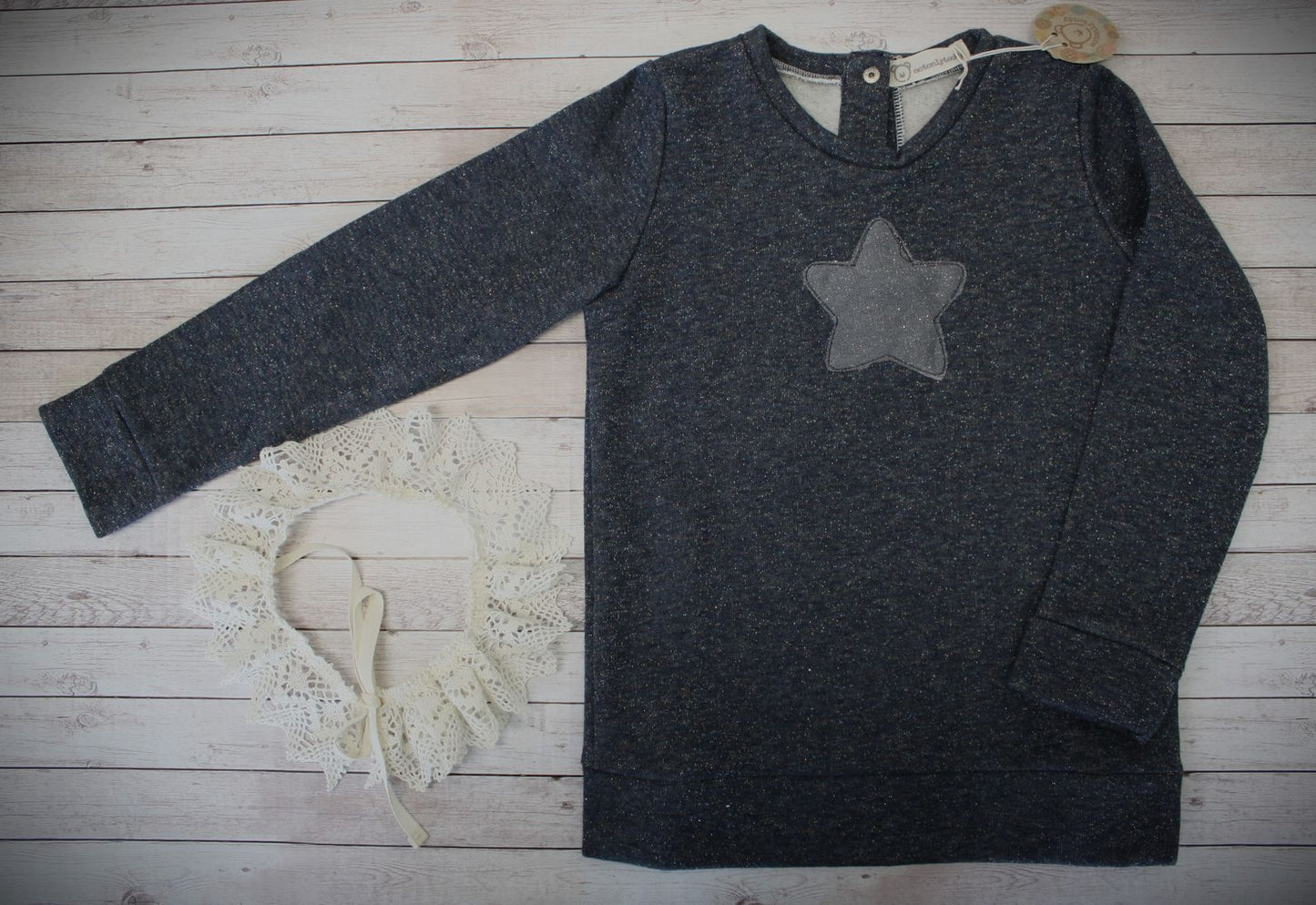 Felpa blu glitterata con stella in tulle