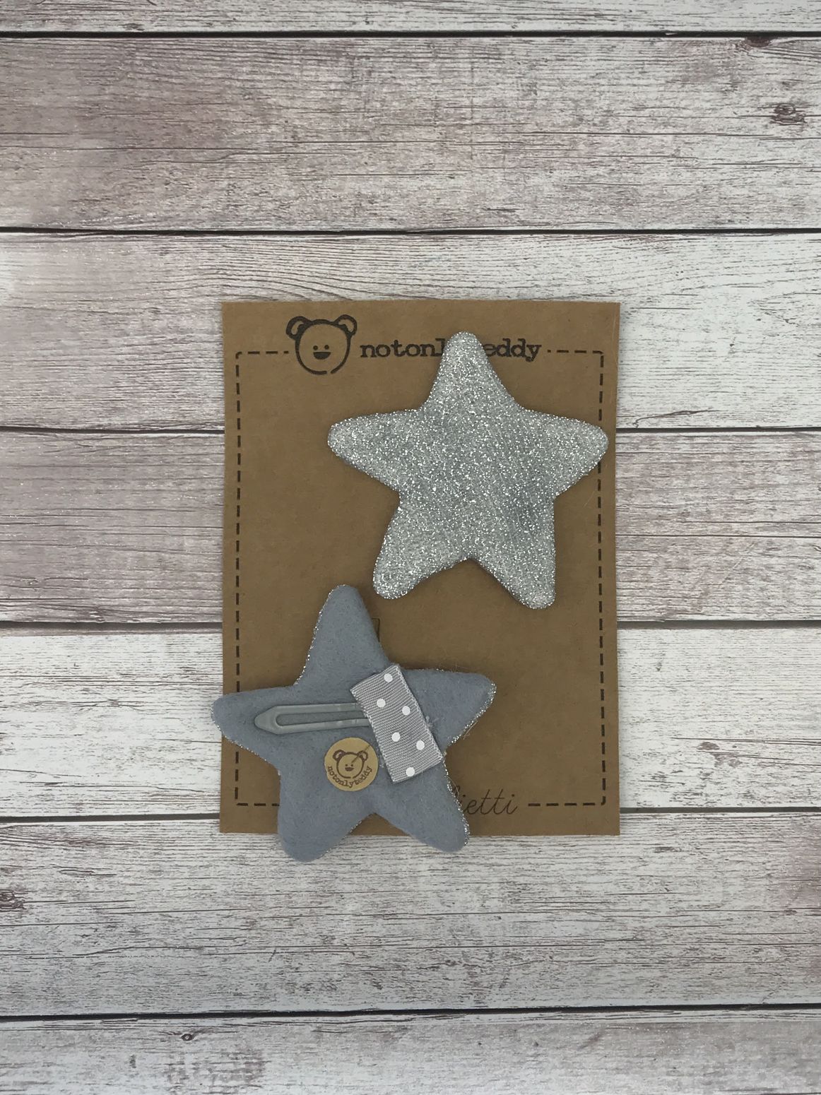 fermaglietti a forma di stella in maglina glitter argento - davanti e dietro