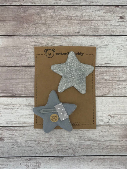 fermaglietti a forma di stella in maglina glitter argento - davanti e dietro