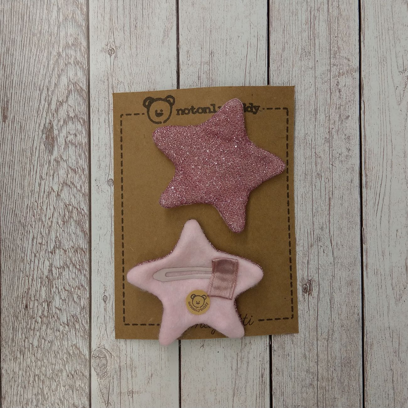 fermaglietti a forma di stella in maglina glitter rosa - davanti e dietro