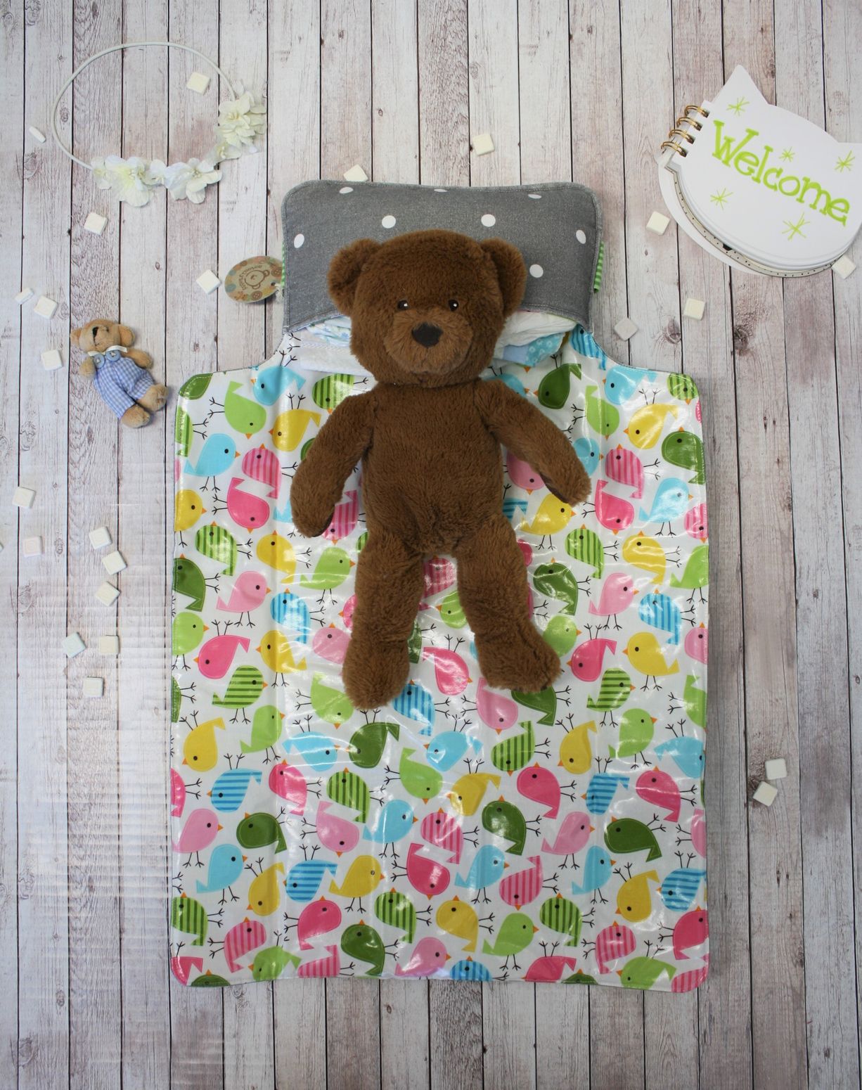 Fasciatoio portatile - Portapannolini grigio a pois con interno cerato a fantasia di uccellini - personalizzabile