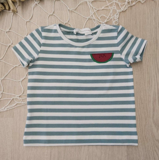 Maglietta a righe bianche e verdi con anguria - maniche corte - taglia 1 anno pronta consegna