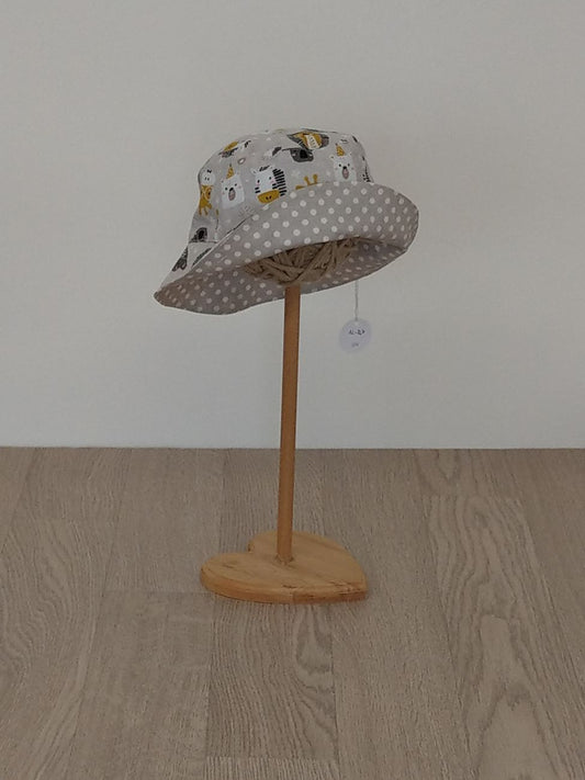 Cappellino pescatore, cappellino parasole double-face, animaletti della savana e pois - Taglia 12-24 mesi