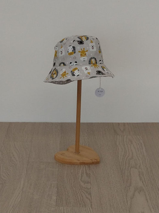 Cappellino pescatore, cappellino parasole double-face, animaletti della savana e pois - Taglia 12-24 mesi