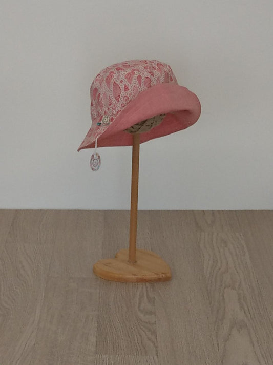 Cappellino pescatore, cappellino parasole double-face, tessuto Tilda a conchigliette e tessuto chambray corallo - Taglia 3-5 anni