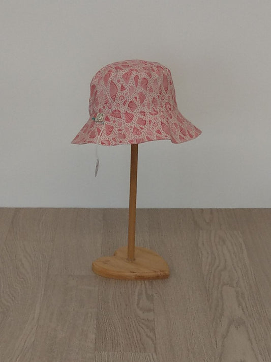 Cappellino pescatore, cappellino parasole double-face, tessuto Tilda a conchigliette e tessuto chambray corallo - Taglia 3-5 anni