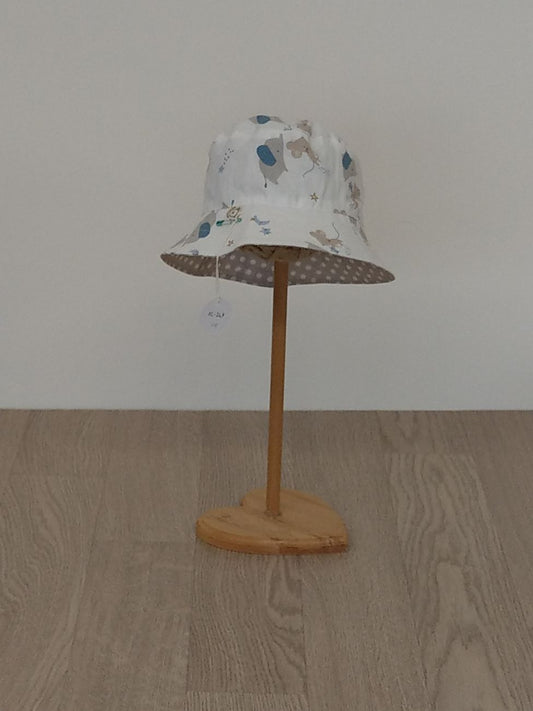 Cappellino pescatore, cappellino parasole double-face, elefantini e pois - Taglia 12-24 mesi