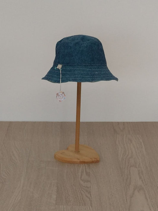 Cappellino pescatore, cappellino parasole double-face, tessuto chambray blu e azzurro a stelline - Taglia 3-5 anni