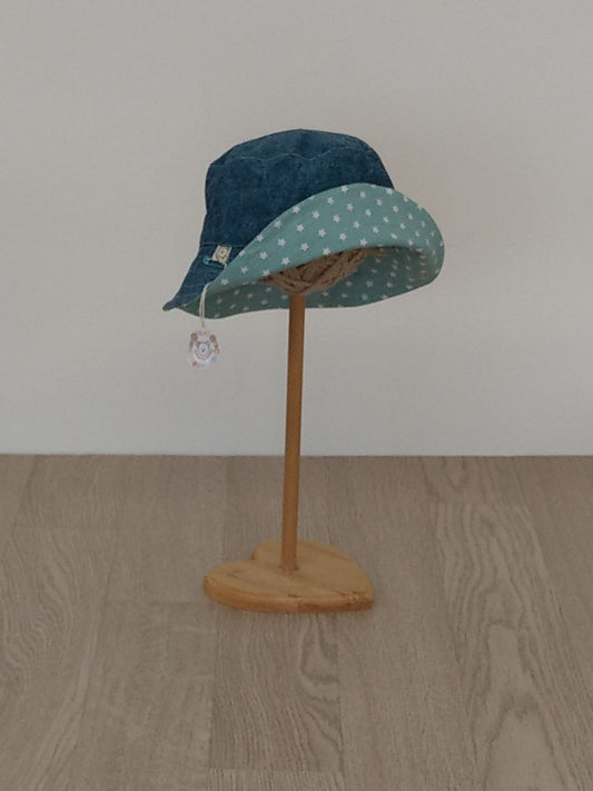 Cappellino pescatore, cappellino parasole double-face, tessuto chambray blu e azzurro a stelline - Taglia 3-5 anni