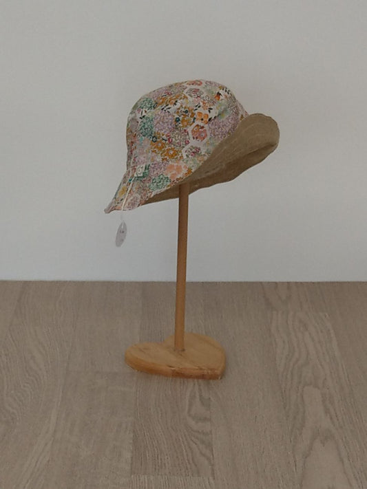 Cappellino pescatore bambino, cappellino parasole, cappellino double-face, tessuto Liberty a fiorellini e chambray oro - Taglia 6-8 anni