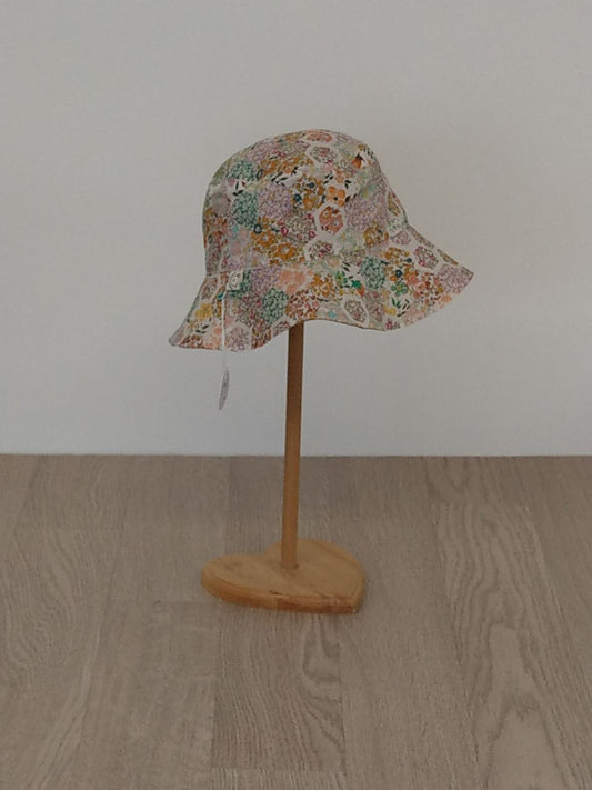 Cappellino pescatore bambino, cappellino parasole, cappellino double-face, tessuto Liberty a fiorellini e chambray oro - Taglia 6-8 anni