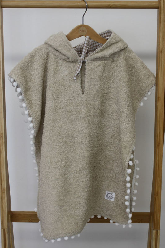 🏖️ Poncho mare in spugna per bimba – Foderato a quadretti, pompon bianchi, laccetti - 2-3 anni