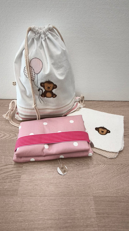 Fasciatoio da viaggio pieghevole con portapannolini – Rosa pois – personalizzabile