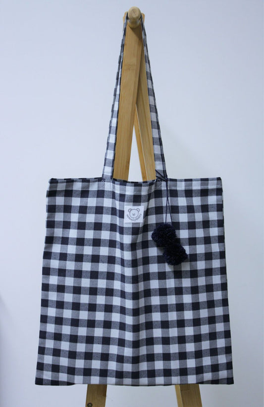shopper bag quadri blu pom pon blu