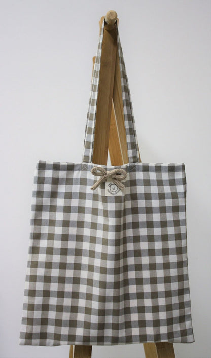 shopper bag a quadri tortora con fiocco beige