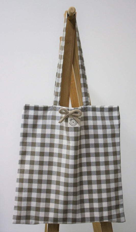 shopper bag a quadri tortora con fiocco beige