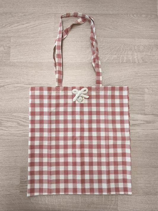 Shopper donna in tela a quadri rosa con spilla