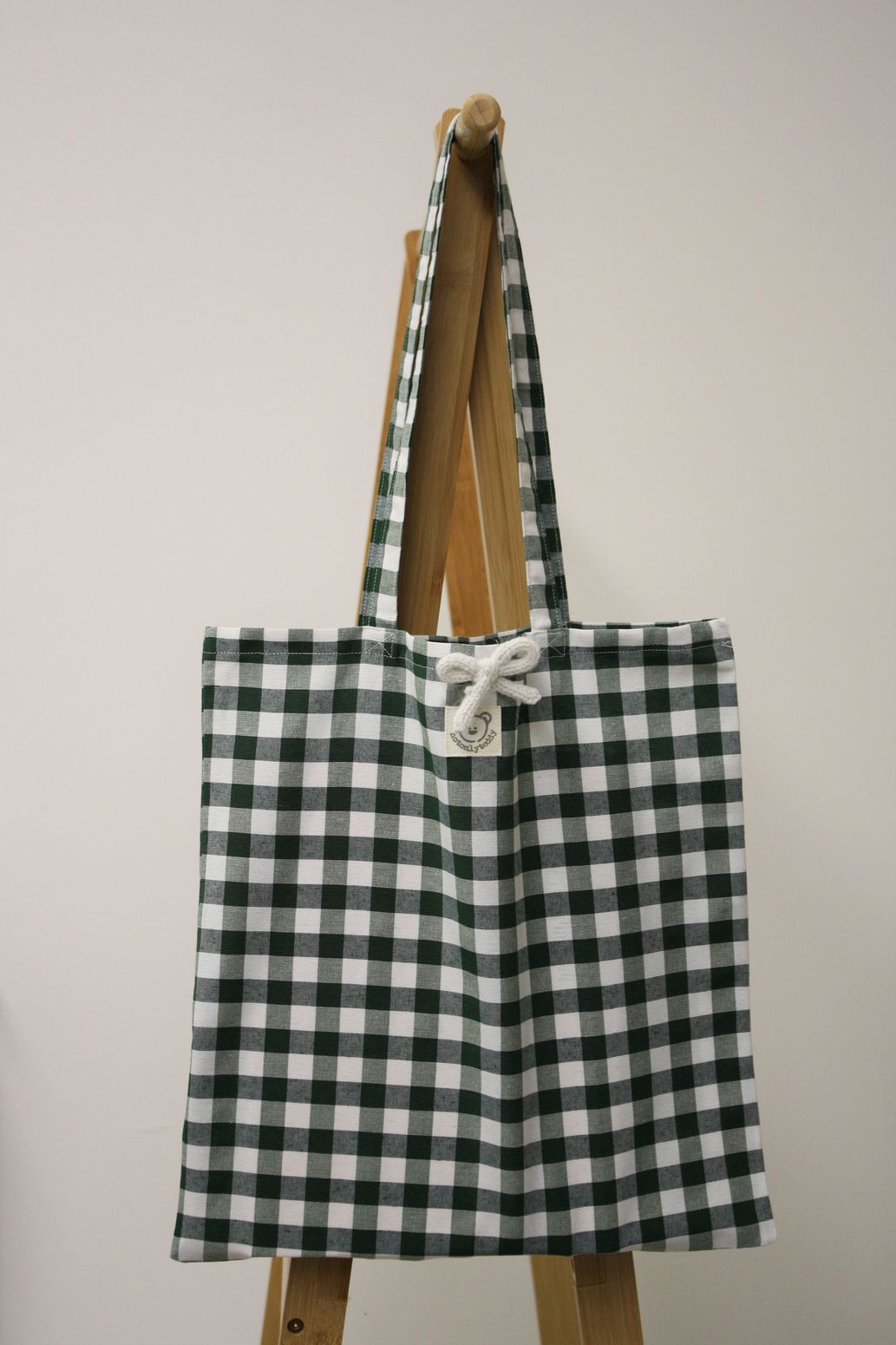 shopper di tela a quadri verdi intera con fiocco bianco