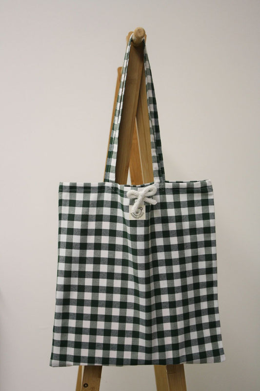 shopper di tela a quadri verdi intera con fiocco bianco