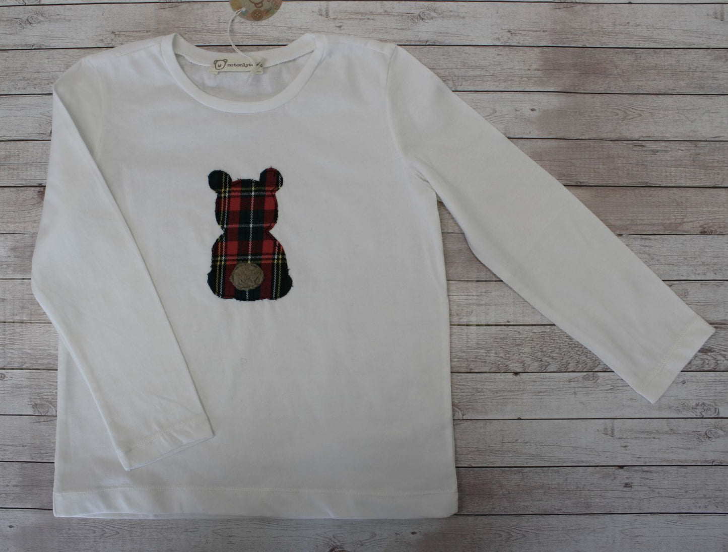 Maglietta natalizia a maniche lunghe con orsetto scozzese